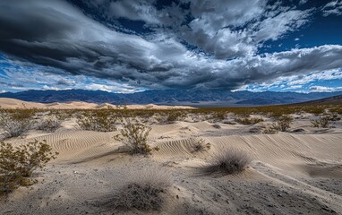 Of a desert with wind-swept sand dunes and a dramatic sky filled with clouds