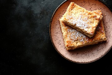 Two pieces of flaky pastry, dusted with powdered sugar, sit on a speckled pink plate. Perfect for blogs, recipe sites, or food articles needing a sweet treat image.