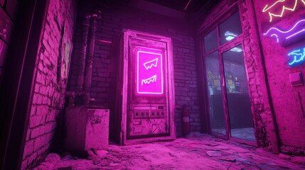 A dimly lit alleyway with neon light door and storefront