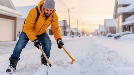 man wearing a yellow jacket and gray beanie shovels snow from a driveway in a quiet neighborhood as the sun sets, casting a warm glow over the snow-covered landscape