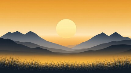 A serene illustration showing mountains and a vibrant setting sun