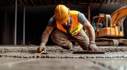 construction worker kneels on a building site to level freshly poured concrete, wearing safety gear as construction machinery operates in the background under natural light