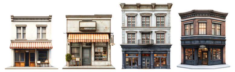 Charming Historic Storefronts in Urban Downtown Setting, Isolated on Transparent Background