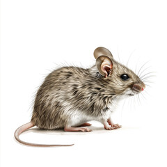 Realistic Digital Illustration of a Small Grey Mouse with Detailed Fur and Whiskers on White Background