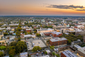 Old historical city Savannah in Georgia. Southern USA cityscape at sunset