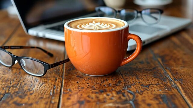 Orange Latte and Laptop on Wooden Table