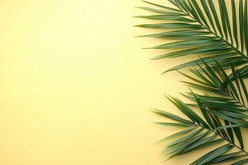 Fototapeta premium Easter Background, Easter Banner, Lush Tropical Palm Fronds on Pastel Yellow Background Summer Design Element