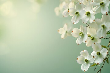Fototapeta premium Easter Background, Easter Banner, Serene Spring Blossoms Delicate White Dogwood Flowers on Soft Green Background