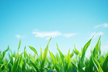 Obraz premium 青空の下で芽吹く緑の草原、穏やかな日々が広がる