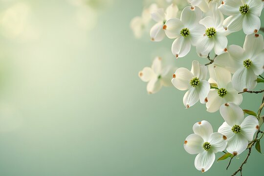 Easter Background, Easter Banner, Serene Spring Blossoms Delicate White Dogwood Flowers on Soft Green Background