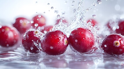 Dynamic High-Speed Capture of Vibrant Cranberries Mid-Splash with Sunlit Droplets Against A Smooth White Backdrop