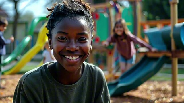 Smiling African American teenage girl at a playground with children playing in the background on slides and swings. Concept of PE class, youthfulness and outdoor enjoyment