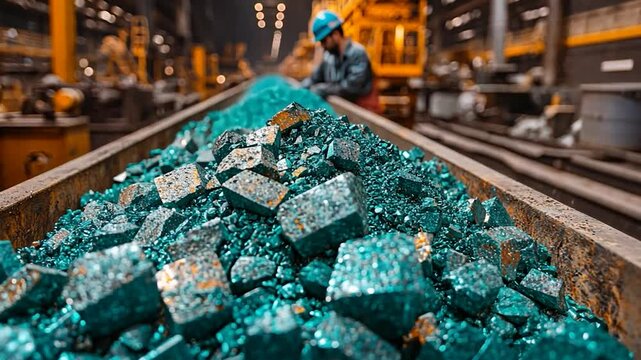 Teal Metal Ore on Conveyor Belt in Factory