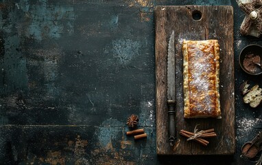 Of a homemade apple strudel with cinnamon sugar on a rustic wooden board