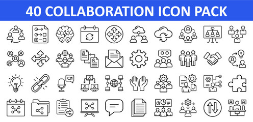Collaboration Icons for Teamwork and Business Projects - Collection of 40 line-style icons representing teamwork, project management, communication, and business collaboration for digital design use.
