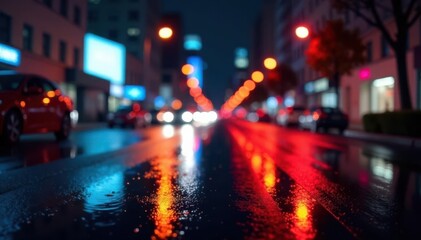 Abstract late-night city lights reflected on wet pavement, contrast, urban