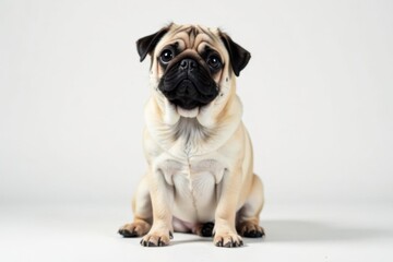 Obraz premium Adorable pug dog sits alone against pure white background, pug, one, friend