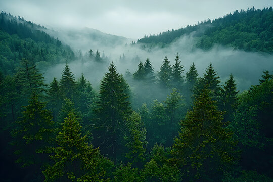 Misty forest landscape in a mountainous region during early morning hours with dense trees and low-lying fog - Powered by Adobe