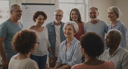 Diverse group of people in cancer support meeting. Multi-generational and multiracial community gathering for health discussion, therapy, or awareness event. Positive social interaction.