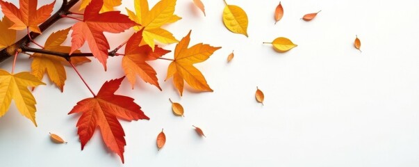 Branches and leaves with some fallen leaves scattered around the base on white surface, fall leaves, branches
