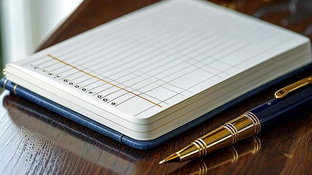 Elegant Notebook and Gold Pen on Wooden Desk