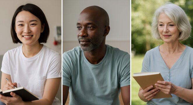 Diverse group of cancer survivors sharing their stories. Asian woman writing, African American man reflecting, and senior woman reading. Cancer awareness and support concept.