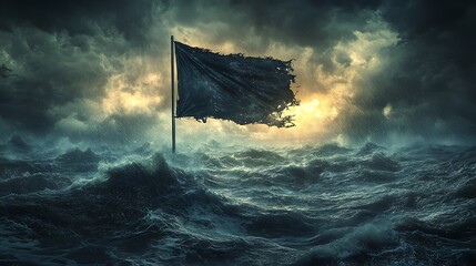 Torn black flag on stormy sea.