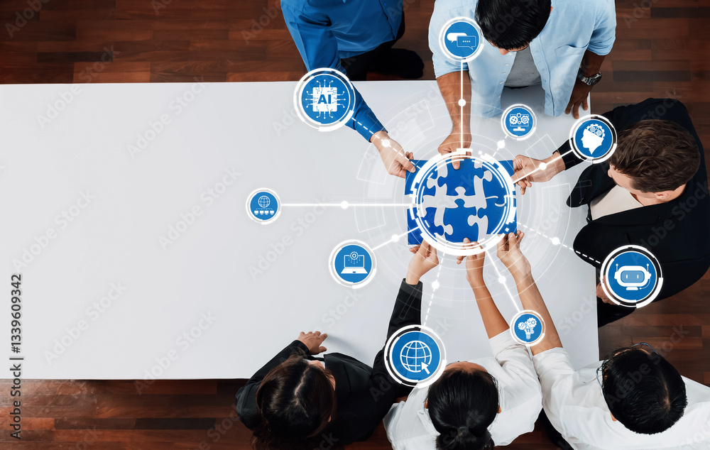 Poster a top-down view of diverse professionals collaborating around a digital globe, highlighting themes o