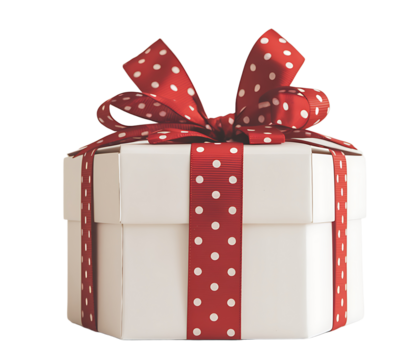 White Gift Box with Red Polka Dot Ribbon Bow Isolated on Transparent Background