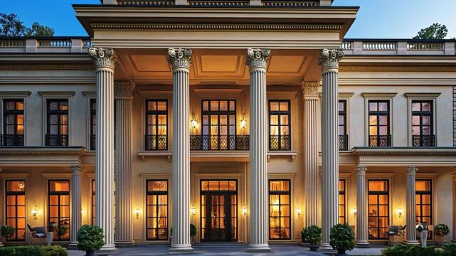 Neoclassical Mansion: Architectural Grandeur at Dusk - Powered by Adobe