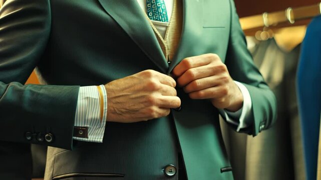 A man fastening his elegant green suit jacket, a close-up showcasing the fine details of the fabric and craftsmanship.  The image evokes a feeling of sophistication and style.