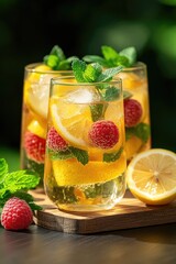 Fototapeta premium Refreshing Summer Lemonade with Raspberry and Mint in Sunlit Glasses on Wooden Board