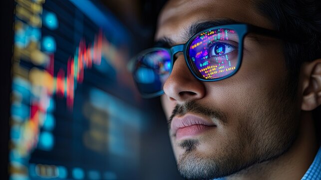 A young Indian businessman and trader wearing glasses, intently looking at a computer screen with trading charts reflecting in his eyeglasses. A close-up view capturing the stock market and financial  - Powered by Adobe