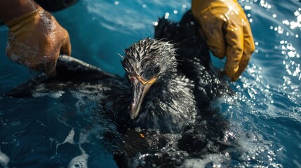 A sea bird covered in oil is being gently cleaned by wildlife rescuers, capturing an emotional moment of compassion and urgency in wildlife rehabilitation