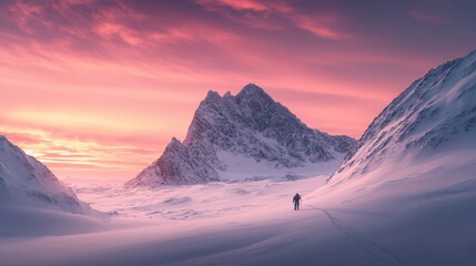 A scientist tracks polar bears during an Arctic expedition, surrounded by dramatic icy landscapes and breathtaking mountain scenery at sunset