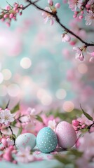 Naklejka premium Of a springtime Easter background with cherry blossoms and soft bokeh effects
