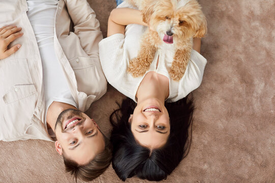 Happy childless childfree family couple with pet dog enjoying cozy relationship harmony. Indoor overhead shot from above smiling young man and woman lying on brown rug with little beige furry friend