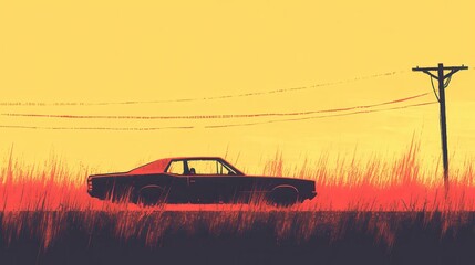 A vintage car parked near telephone lines and tall grassy fields