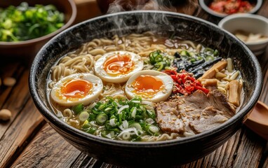 Of a steaming bowl of ramen with fresh ingredients on a textured wooden table
