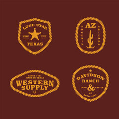 Wild west country emblems set. Lone Star, Arizona, Western supply. Vintage vector illustrations collection isolated on white background