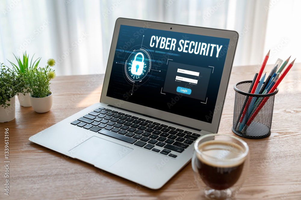 Poster cyber security system on computer screen protect private information snugly from hacker and cyber at