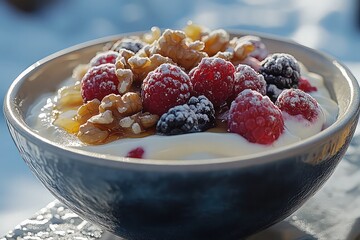 Greek yogurt topped with honey, walnuts, and fresh berries