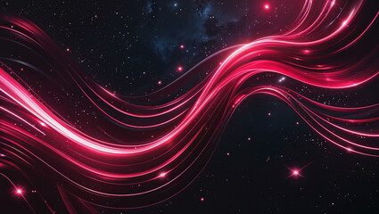 Fototapeta premium A cosmic abstract background with flowing, curved streaks of glowing ruby red and deep crimson light against a deep dark space backdrop.