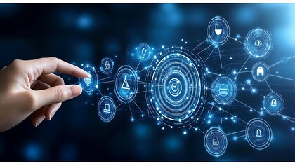 Touching digital icons, technology connection background