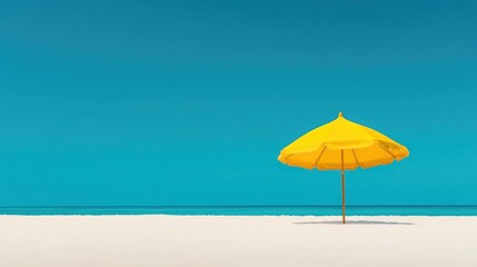 Obraz premium Vibrant Yellow Umbrella on Pristine Beach Under Clear Blue Sky