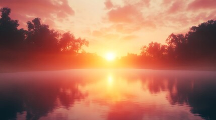 Naklejka premium A vibrant sunrise paints the sky with warm colors, creating a mesmerizing view over the rugged mountain range.