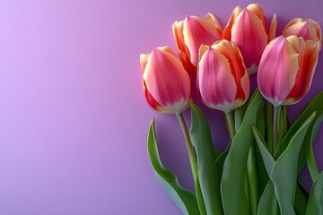 Fototapeta premium Easter Background, Easter Banner, Vibrant Pink and Orange Tulips Bouquet on Purple Background Spring Flowers