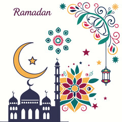 Obraz premium Collection of modern style Ramadan Mubarak greeting cards with retro Boho design. Windows and arches with moon, mosque dome and lanterns