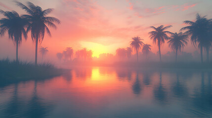 Obraz premium A serene oasis reflecting the soft orange glow of a setting sun, with palm trees framing the still waters