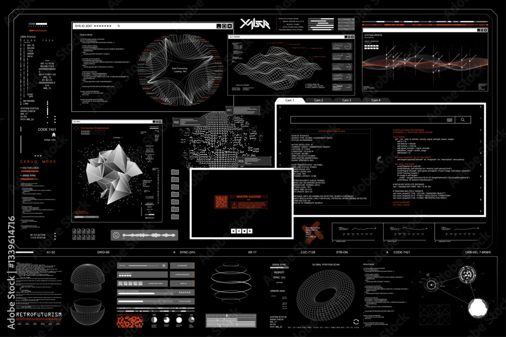 Poster Sci-fi HUD dashboard with UI cyberpunk. Dark futuristic user interface set, FUI dashboard for games, scanning Earth Globe with charts, infographics, data. 3D HUD, and UI. Vector Sci-fi dashboard